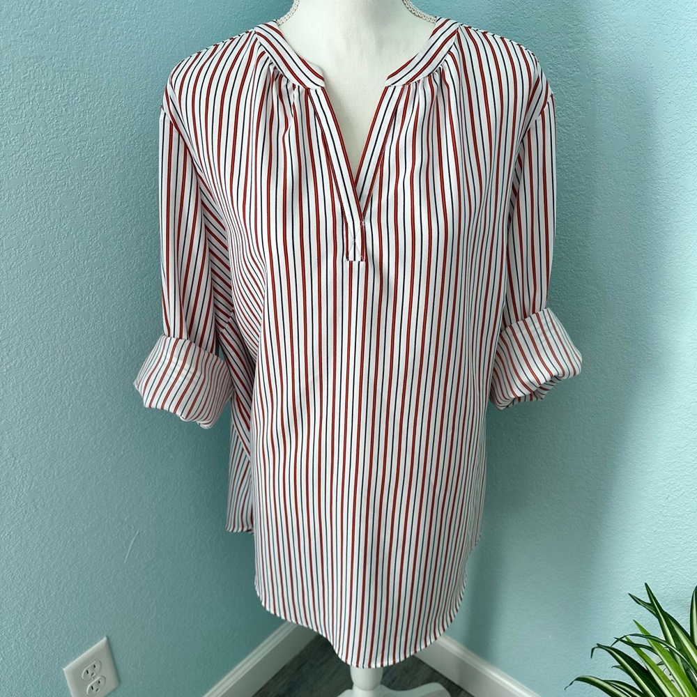 Madison Curvy Plus Size 3X Pinstriped V-Neck Long Sleeve Pullover Blouse NWOT
